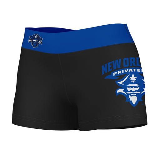 New Orleans Privateers UNO Vive La Fete Logo on Thigh & Waistband Black & Blue Women Booty Workout Shorts 3.75 Inseam"