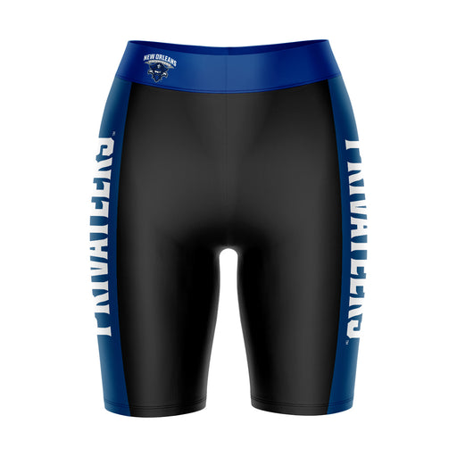 New Orleans Privateers UNO Vive La Fete Game Day Logo on Waistband and Blue Stripes Black Women Bike Short 9 Inseam