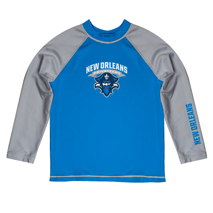 New Orleans Privateers UNO Vive La Fete Logo Blue Gray Long Sleeve Raglan Rashguard