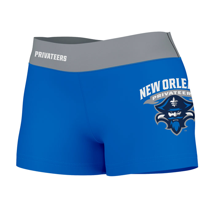 New Orleans Privateers Vive La Fete Logo on Thigh & Waistband Blue Gray Women Yoga Booty Workout Shorts 3.75 Inseam