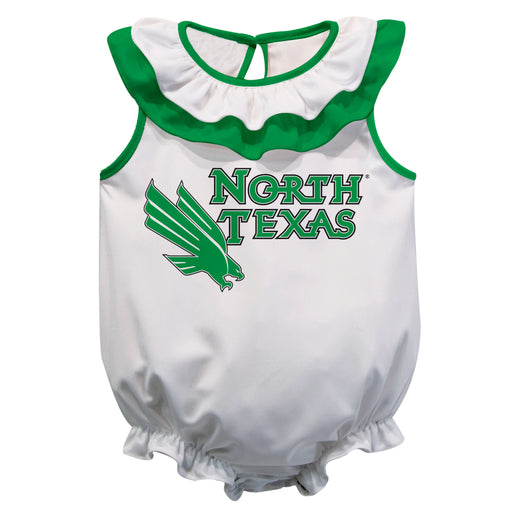 North Texas Mean Green White Sleeveless Ruffle Onesie Logo Bodysuit by Vive La Fete