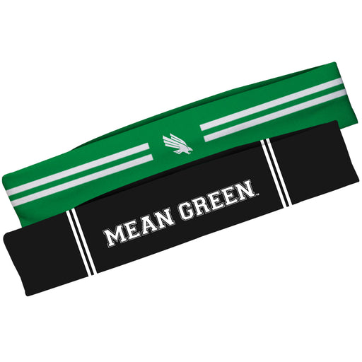 North Texas Mean Green Vive La Fete Girls Women Game Day Set of 2 Stretch Headbands Headbands Logo Green and Name Black