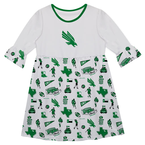 North Texas Mean Green 3/4 Sleeve Solid White Repeat Print Hand Sketched Vive La Fete Impressions Artwork on Skirt