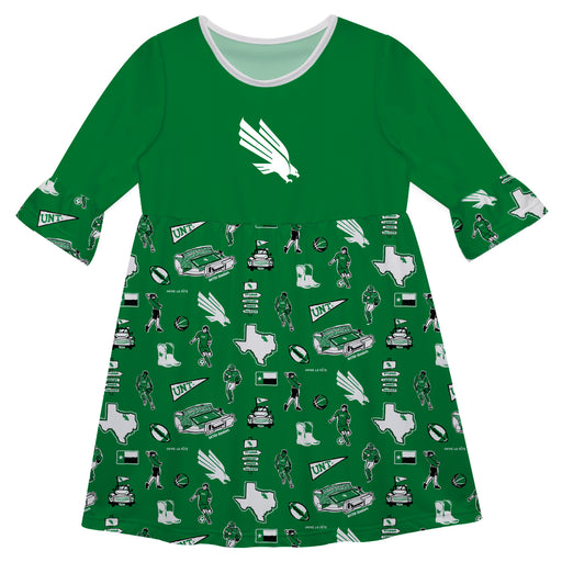 North Texas Mean Green 3/4 Sleeve Solid Green Repeat Print Hand Sketched Vive La Fete Impressions Artwork on Skirt