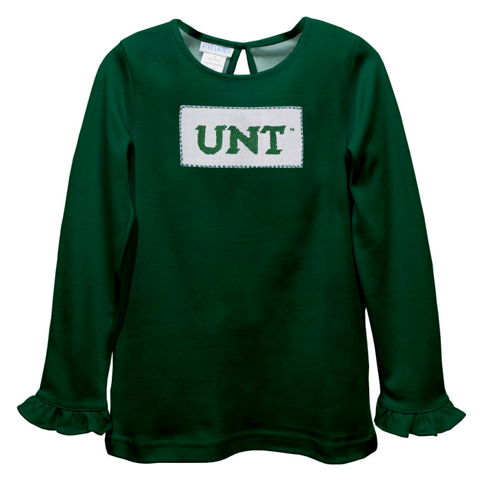 North Texas Mean Green Smocked Hunter Green Knit Ruffle Long Sleeve Girls Tshirt