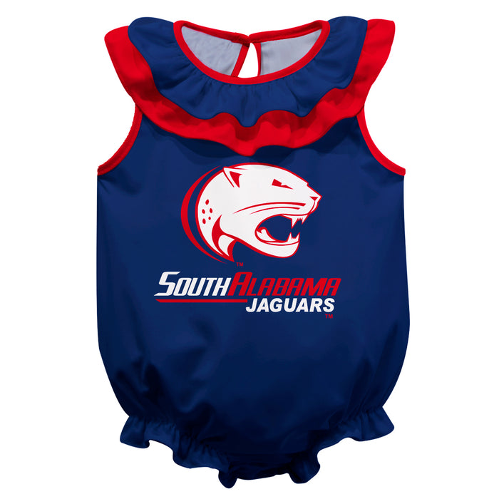 South Alabama Jaguars Blue Sleeveless Ruffle Onesie Logo Bodysuit by Vive La Fete
