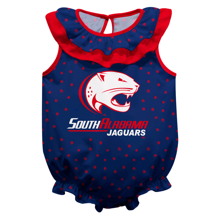 South Alabama Jaguars Swirls Blue Sleeveless Ruffle Onesie Logo Bodysuit