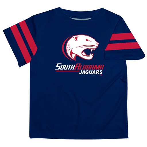 South Alabama Jaguars Vive La Fete Boys Game Day Blue Short Sleeve Tee with Stripes on Sleeves - Vive La Fête - Online Apparel Store