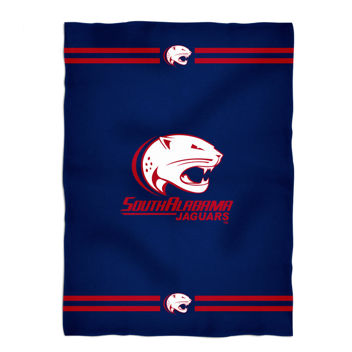 South Alabama Jaguars Vive La Fete Day Soft Premium Fleece Blue Throw Blanket 40 x 58" Mascot and Stripes"