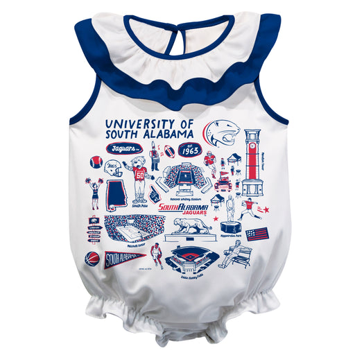 South Alabama Jaguars  White Hand Sketched Vive La Fete Impressions Artwork Sleeveless Ruffle Onesie Bodysuit