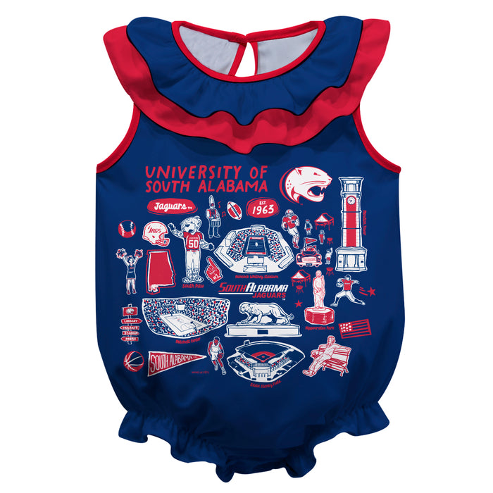 South Alabama Jaguars  Blue Hand Sketched Vive La Fete Impressions Artwork Sleeveless Ruffle Onesie Bodysuit