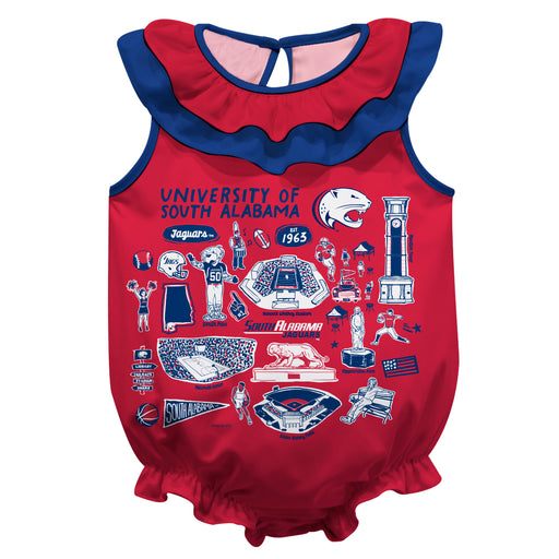 South Alabama Jaguars  Red Hand Sketched Vive La Fete Impressions Artwork Sleeveless Ruffle Onesie Bodysuit