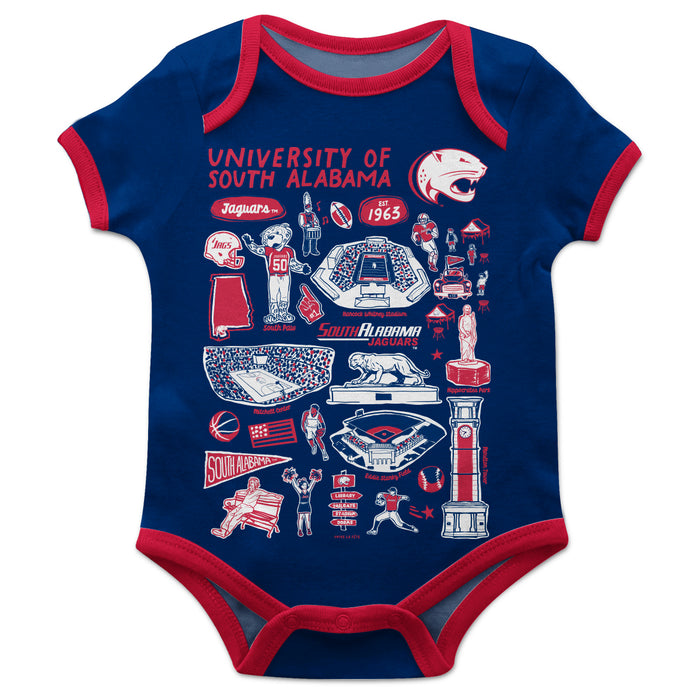 South Alabama Jaguars Hand Sketched Vive La Fete Impressions Artwork Infant Blue Short Sleeve Onesie Bodysuit