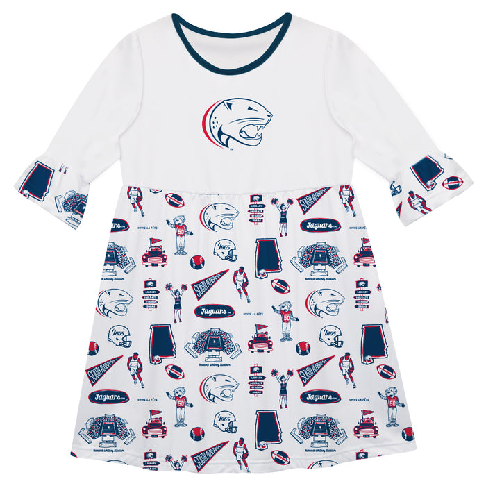 South Alabama Jaguars 3/4 Sleeve Solid White Repeat Print Hand Sketched Vive La Fete Impressions Artwork on Skirt