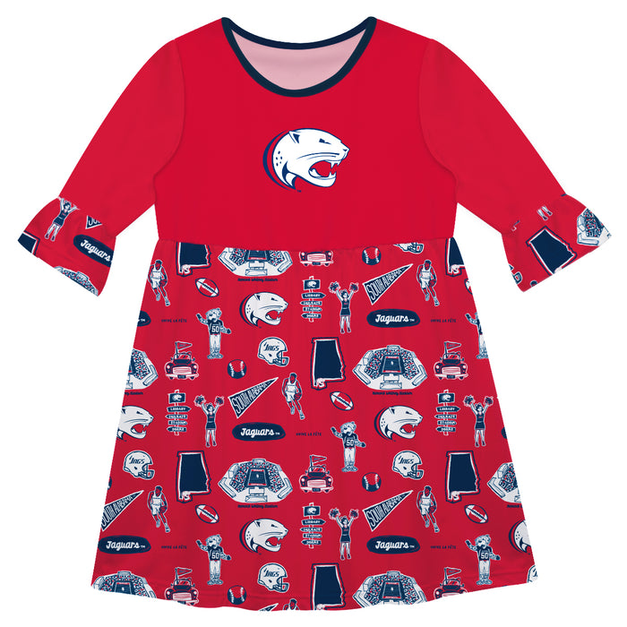 South Alabama Jaguars 3/4 Sleeve Solid Red Repeat Print Hand Sketched Vive La Fete Impressions Artwork on Skirt