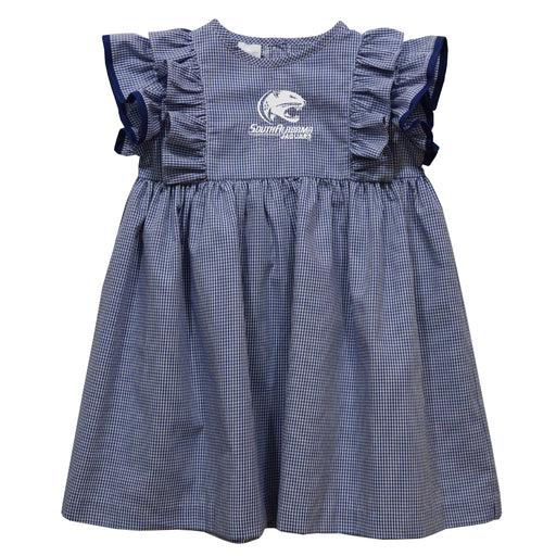 South Alabama Jaguars Embroidered Navy Gingham Ruffle Dress