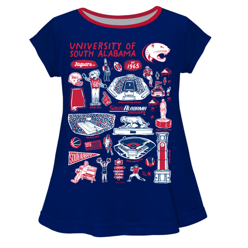 South Alabama Jaguars Hand Sketched Vive La Fete Impressions Artwork Blue Short Sleeve Top