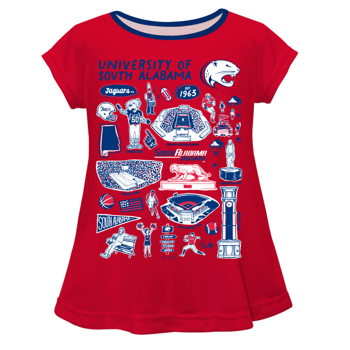 South Alabama Jaguars Hand Sketched Vive La Fete Impressions Artwork Red Short Sleeve Top