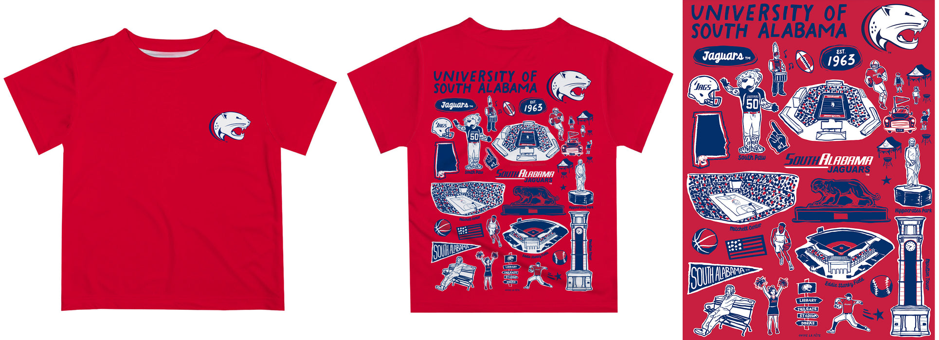 South Alabama Jaguars Hand Sketched Vive La Fete Impressions Artwork Boys Red Short Sleeve Tee Shirt - Vive La Fête - Online Apparel Store