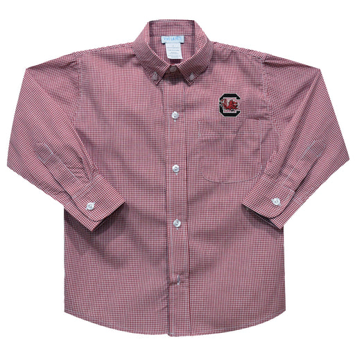 South Carolina Gamecocks Embroidered Maroon Gingham Long Sleeve Button Down Shirt