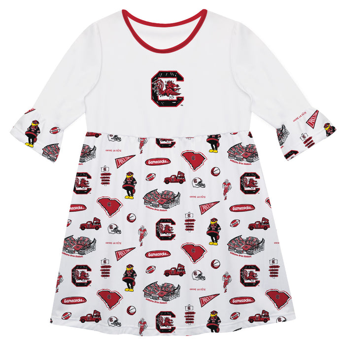 South Carolina Gamecocks 3/4 Sleeve Solid White Repeat Print Hand Sketched Vive La Fete Impressions Artwork on Skirt