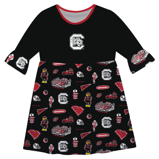 South Carolina Gamecocks 3/4 Sleeve Solid Black Repeat Print Hand Sketched Vive La Fete Impressions Artwork on Skirt