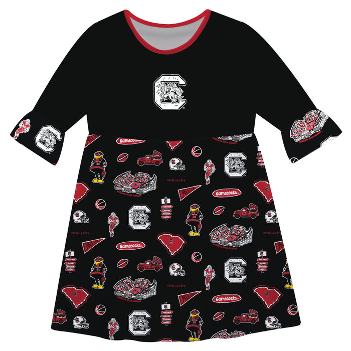 South Carolina Gamecocks 3/4 Sleeve Solid Black Repeat Print Hand Sketched Vive La Fete Impressions Artwork on Skirt