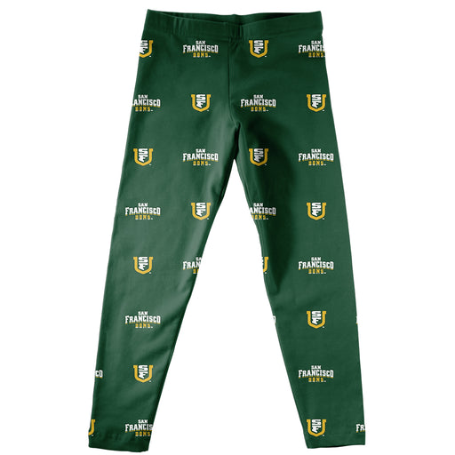 University of San Francisco Dons USF Girls Game Day All Over Logo Elastic Waist Classic Play Green Leggings Tights - Vive La Fête - Online Apparel Store
