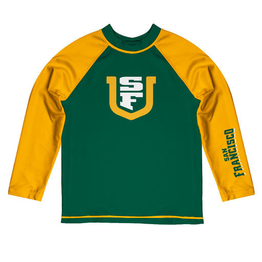 San Francisco Dons USF Vive La Fete Logo Green Yellow Long Sleeve Raglan Rashguard