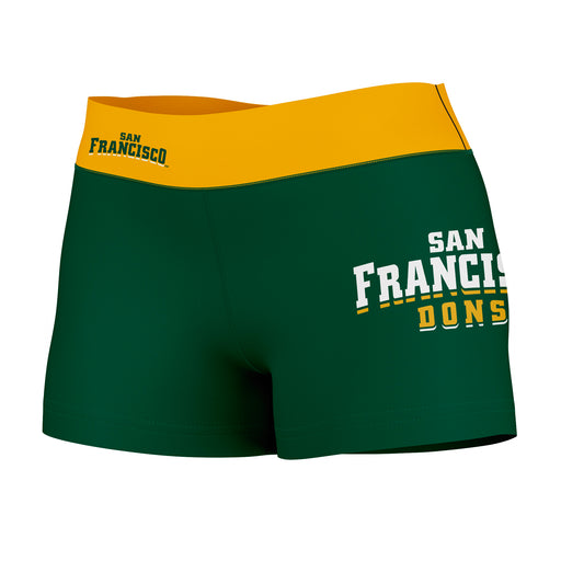 San Francisco Dons Vive La Fete Logo on Thigh & Waistband Green Yellow Women Yoga Booty Workout Shorts 3.75 Inseam"