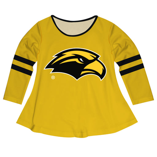 Southern Mississippi Big Logo Gold Stripes Long Sleeve Girls Laurie Top - Vive La Fête - Online Apparel Store
