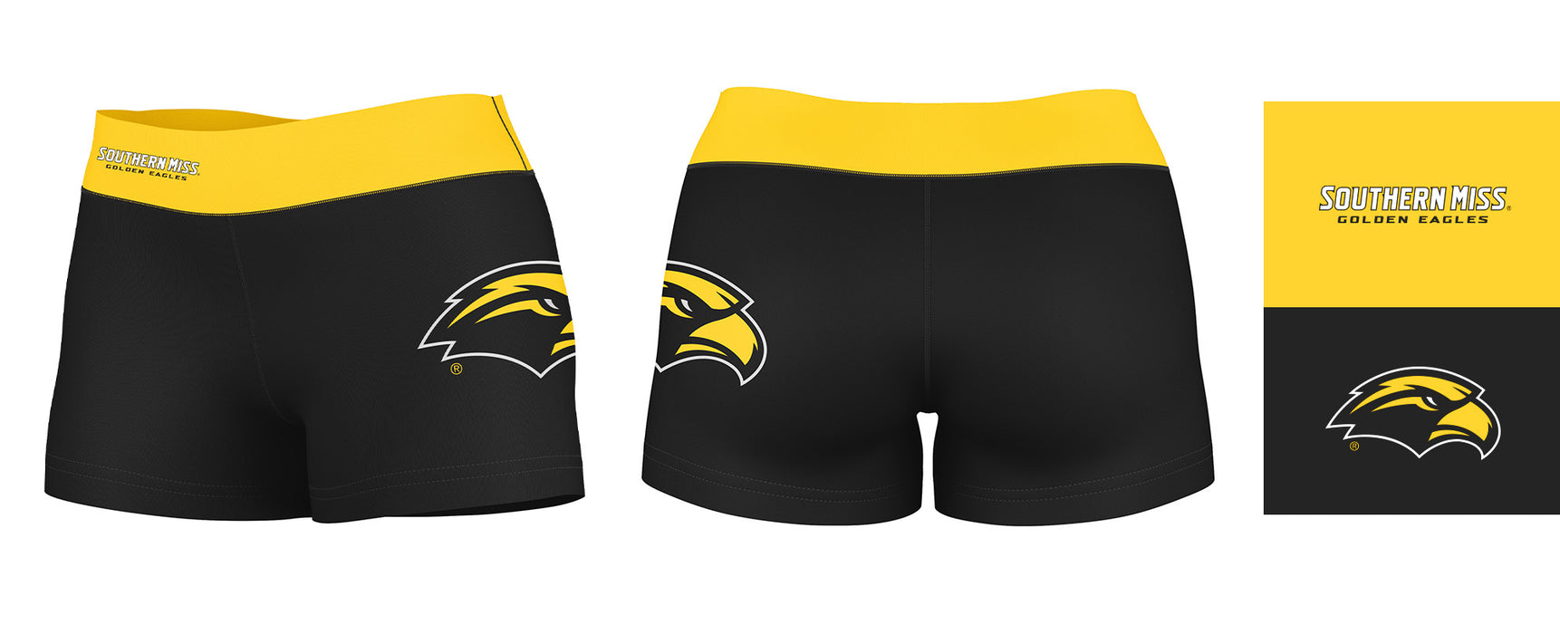 Southern Miss Golden Eagles Logo on Thigh & Waistband Black & Gold Women Yoga Booty Workout Shorts 3.75 Inseam" - Vive La Fête - Online Apparel Store