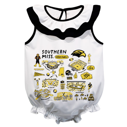 Southern Miss Golden Eagles  White Hand Sketched Vive La Fete Impressions Artwork Sleeveless Ruffle Onesie Bodysuit