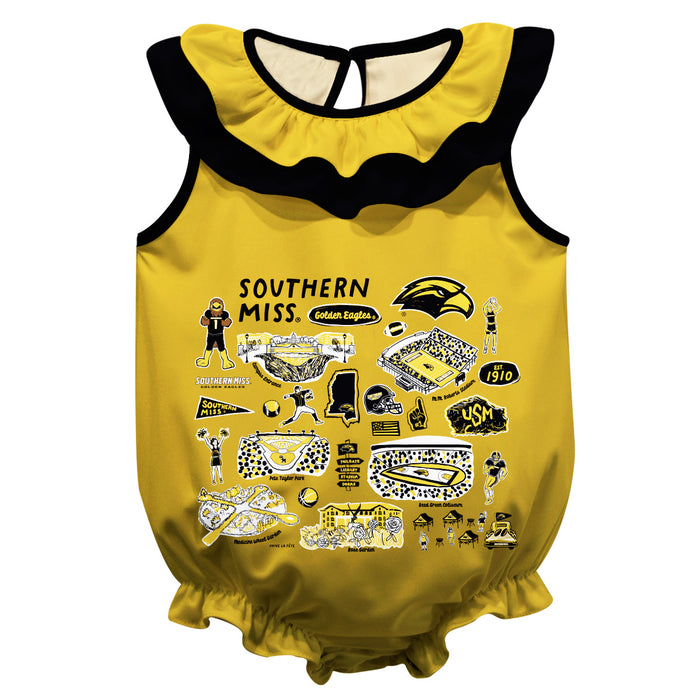 Southern Miss Golden Eagles  Gold Hand Sketched Vive La Fete Impressions Artwork Sleeveless Ruffle Onesie Bodysuit