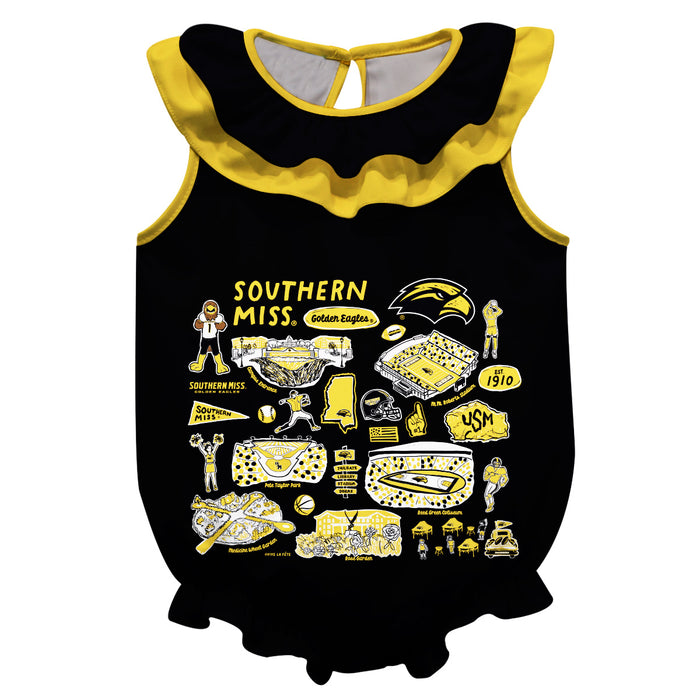 Southern Miss Golden Eagles  Black Hand Sketched Vive La Fete Impressions Artwork Sleeveless Ruffle Onesie Bodysuit