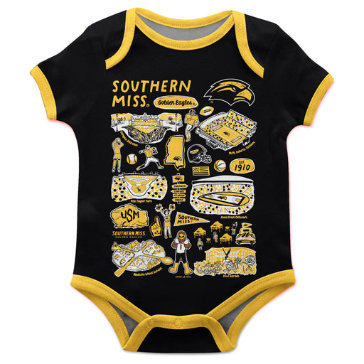 Southern Miss Golden Eagles Hand Sketched Vive La Fete Impressions Artwork Infant Black Short Sleeve Onesie Bodysuit
