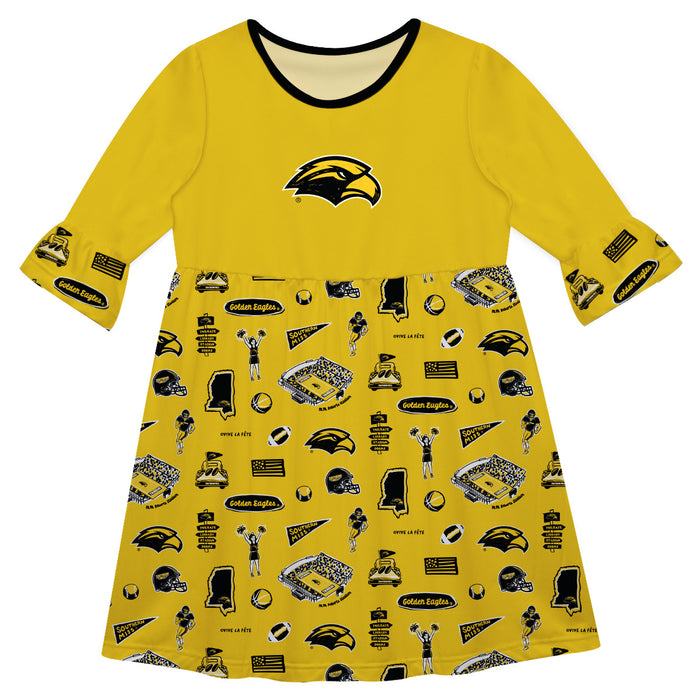 Southern Miss Golden Eagles 3/4 Sleeve Solid Gold Repeat Print Hand Sketched Vive La Fete Impressions Artwork on Skirt