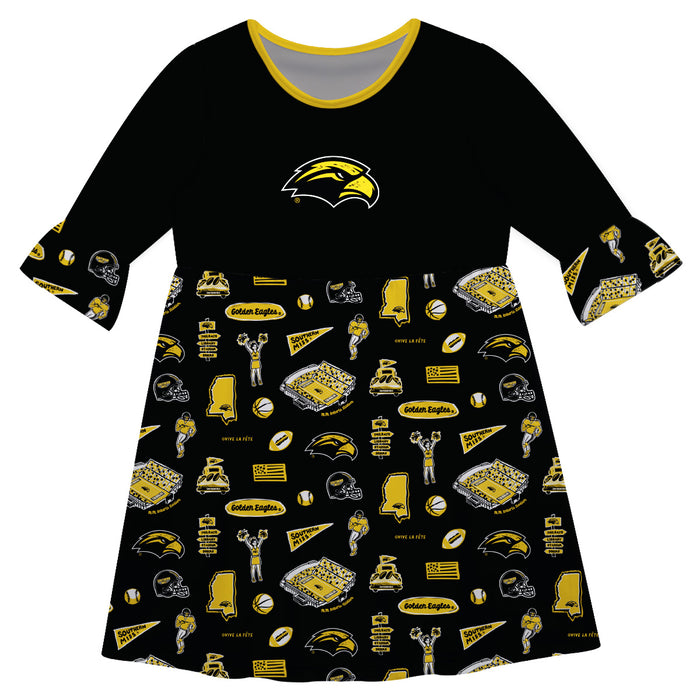 Southern Miss Golden Eagles 3/4 Sleeve Solid Black Repeat Print Hand Sketched Vive La Fete Impressions Artwork on Skirt