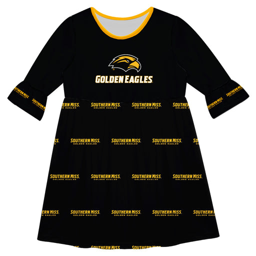 Southern Miss Golden Eagles Vive La Fete Girls Game Day 3/4 Sleeve Solid Black All Over Logo on Skirt