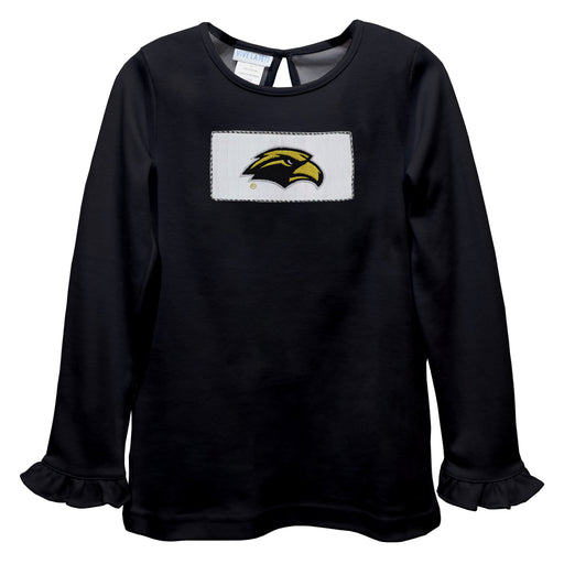 Southern Mississippi Golden Eagles Smocked Black Knit Ruffle Long Sleeve Girls Tshirt