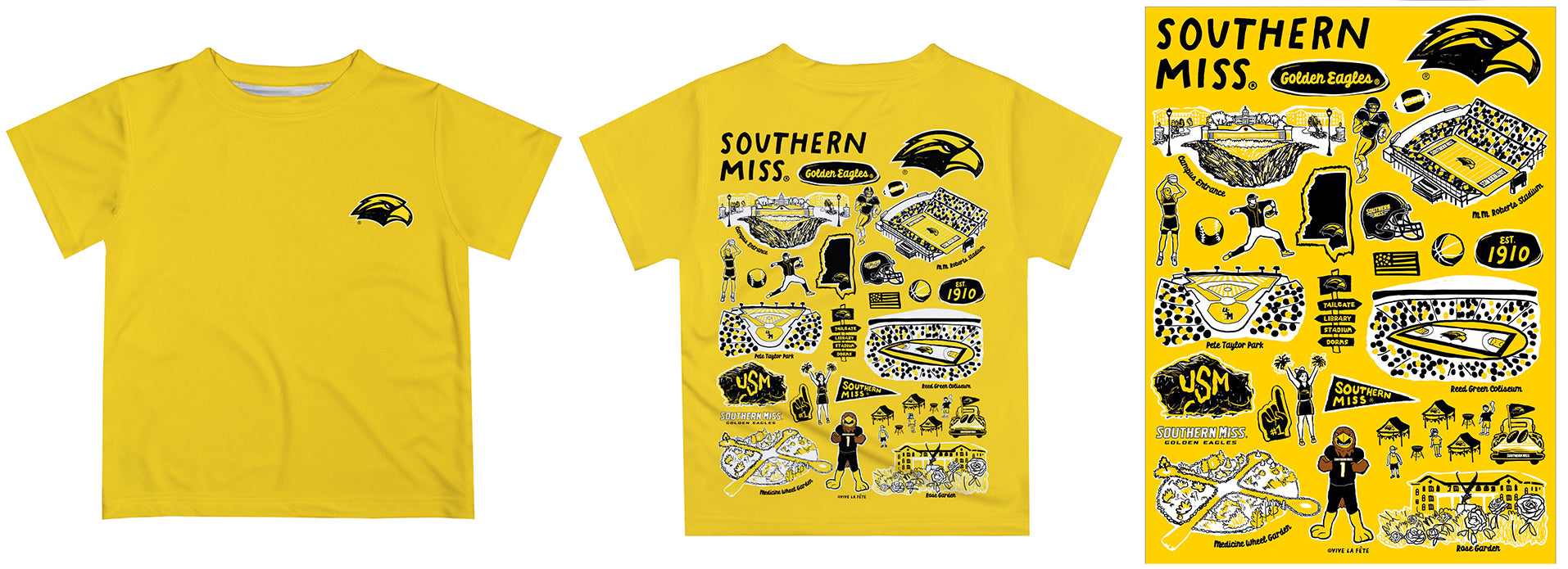 Southern Miss Golden Eagles Hand Sketched Vive La Fete Impressions Artwork Boys Black Short Sleeve Tee Shirt - Vive La Fête - Online Apparel Store