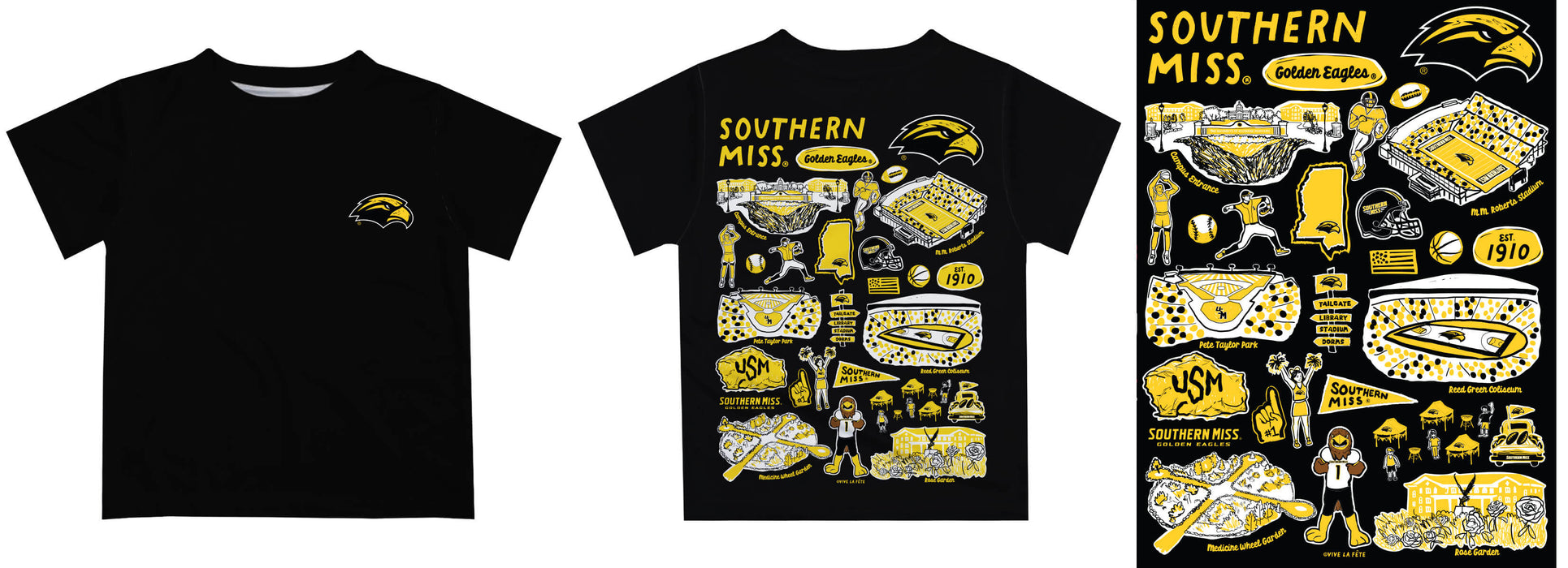 Southern Miss Golden Eagles Hand Sketched Vive La Fete Impressions Artwork Boys Black Short Sleeve Tee Shirt - Vive La Fête - Online Apparel Store