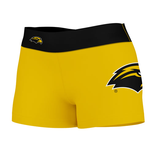 Southern Miss Golden Eagles Logo on Thigh & Waistband Gold Black Women Yoga Booty Workout Shorts 3.75 Inseam