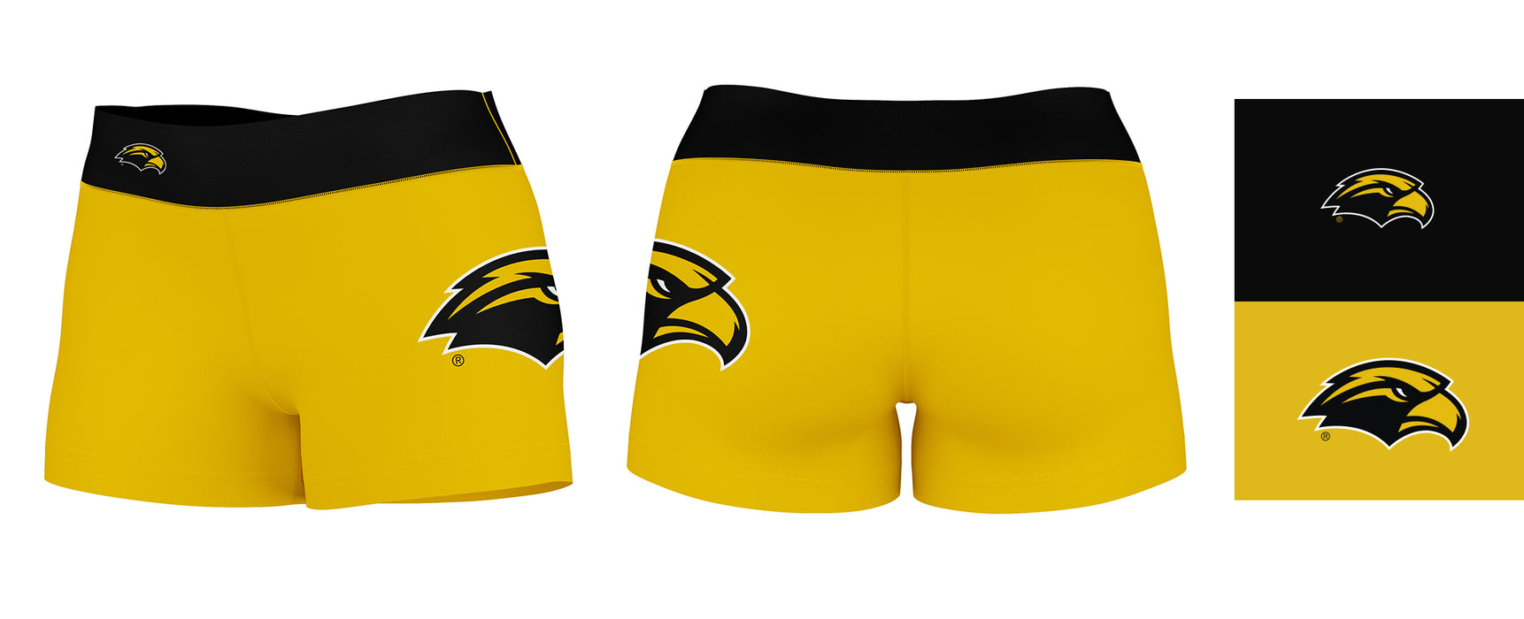 Southern Miss Golden Eagles Logo on Thigh & Waistband Gold Black Women Yoga Booty Workout Shorts 3.75 Inseam - Vive La Fête - Online Apparel Store