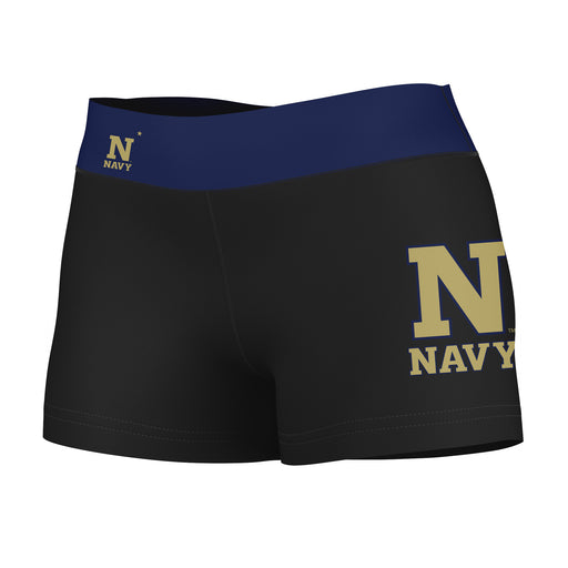 US Naval Naval Academy Vive La Fete Logo on Thigh & Waistband Black & Navy Women Booty Workout Shorts 3.75 Inseam"