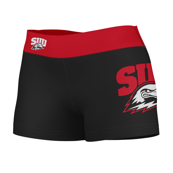 Southern Utah Thunderbirds SUU Logo on Thigh and Waistband Black and Red Women Yoga Booty Workout Shorts 3.75 Inseam