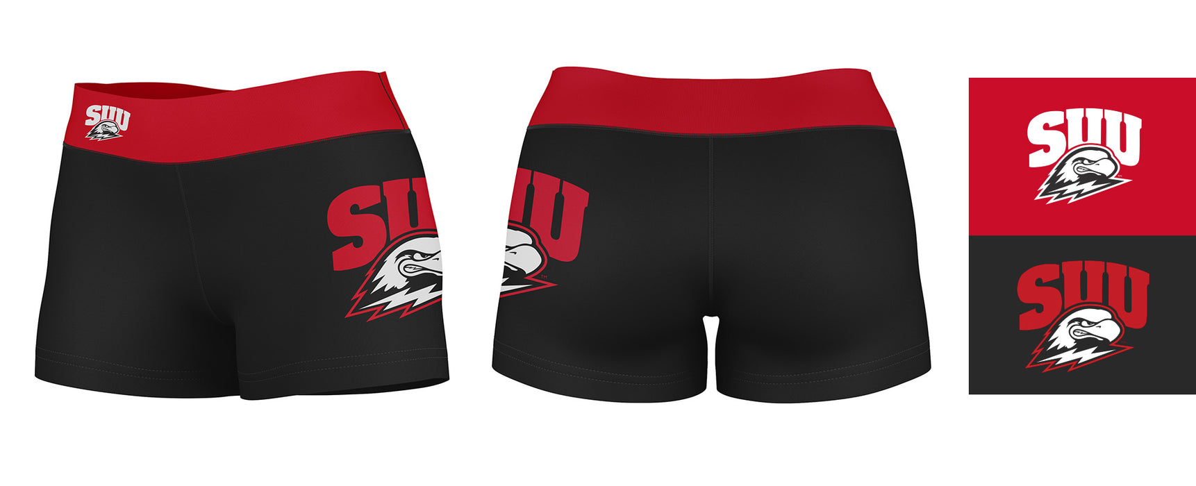 Southern Utah Thunderbirds SUU Logo on Thigh and Waistband Black and Red Women Yoga Booty Workout Shorts 3.75 Inseam - Vive La Fête - Online Apparel Store