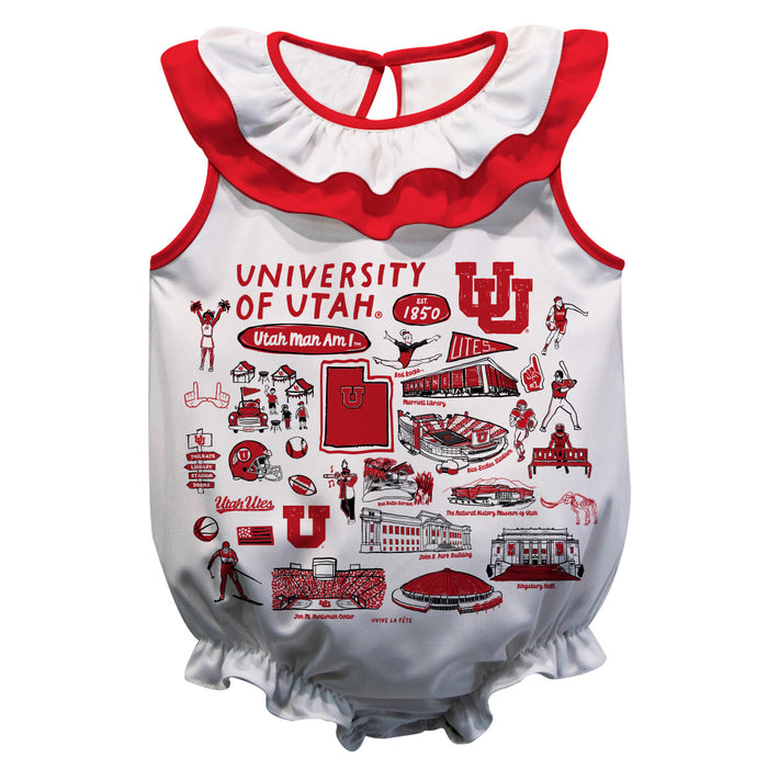 University of Utah Utes  White Hand Sketched Vive La Fete Impressions Artwork Sleeveless Ruffle Onesie Bodysuit
