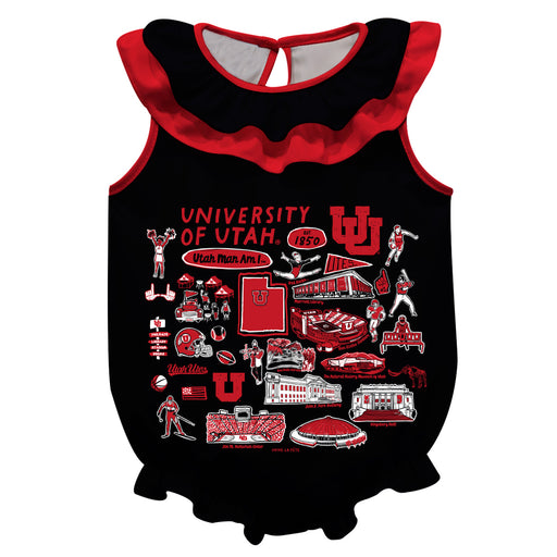 University of Utah Utes  Black Hand Sketched Vive La Fete Impressions Artwork Sleeveless Ruffle Onesie Bodysuit