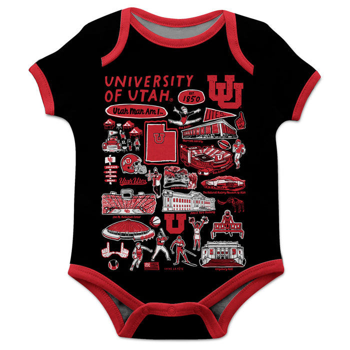 University of Utah Utes Hand Sketched Vive La Fete Impressions Artwork Infant Black Short Sleeve Onesie Bodysuit